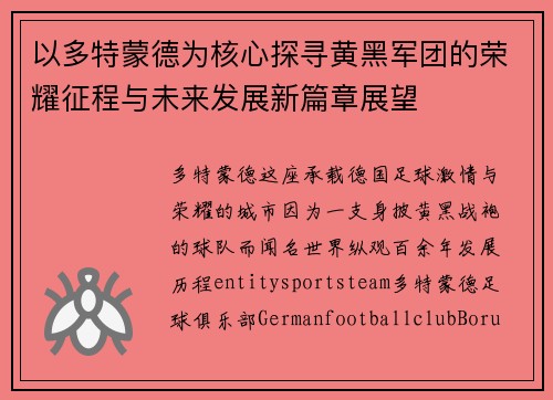 以多特蒙德为核心探寻黄黑军团的荣耀征程与未来发展新篇章展望